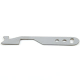 Lokko shove-knife angled view, hooked latch-driving tip in the foreground and keyring slot behind
