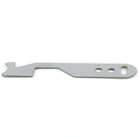 Lokko shove-knife angled view, hooked latch-driving tip in the foreground and keyring slot behind