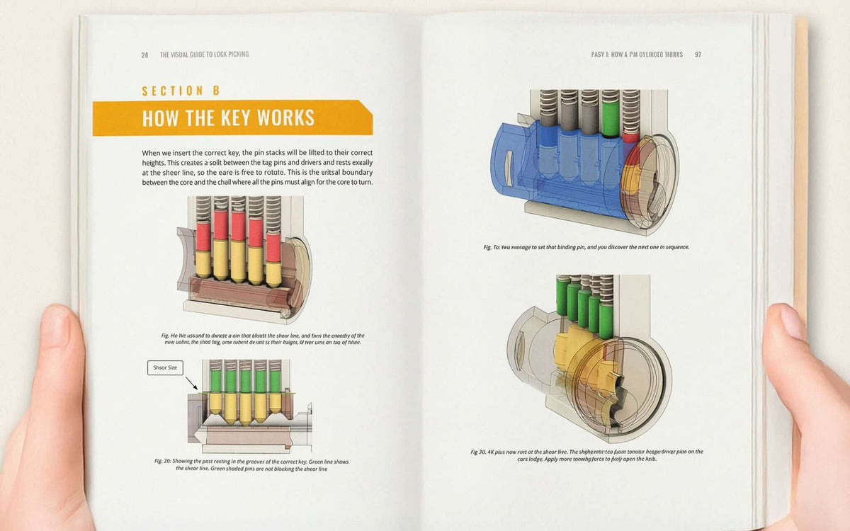 The Beginners Visual Guide open on a table, showing color cutaways of pin stacks inside a lock