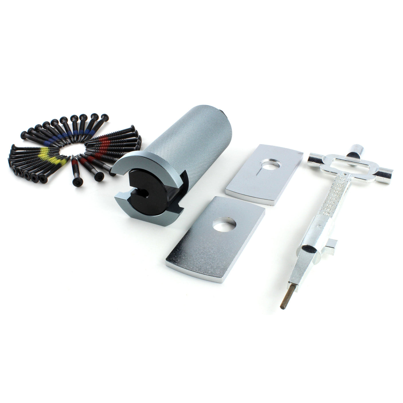 Wide layout of the Lokko bell plug puller kit parts, bell puller, protection plates, screws, and cam turner in a row