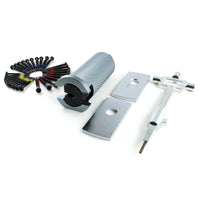 Wide layout of the Lokko bell plug puller kit parts, bell puller, protection plates, screws, and cam turner in a row
