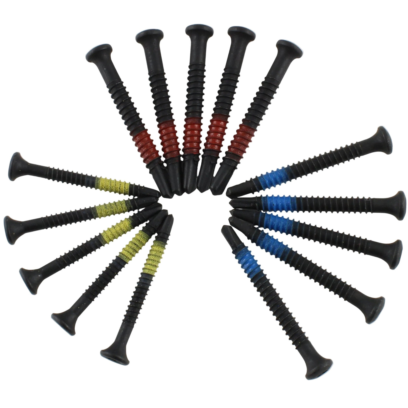 Fifteen Lokko plug puller screws in a spiral, grouped into five red, five blue, and five yellow