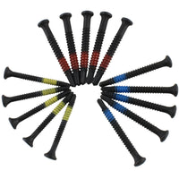 Fifteen Lokko plug puller screws in a spiral, grouped into five red, five blue, and five yellow
