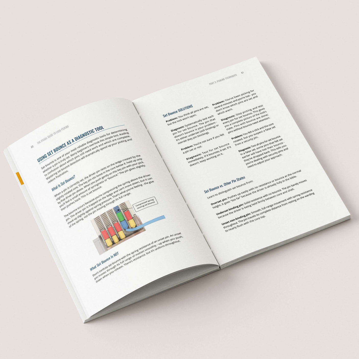 Open book displaying diagrams and text on lock picking techniques from the guide 'Lock Picking - Beginners Visual Guide'.