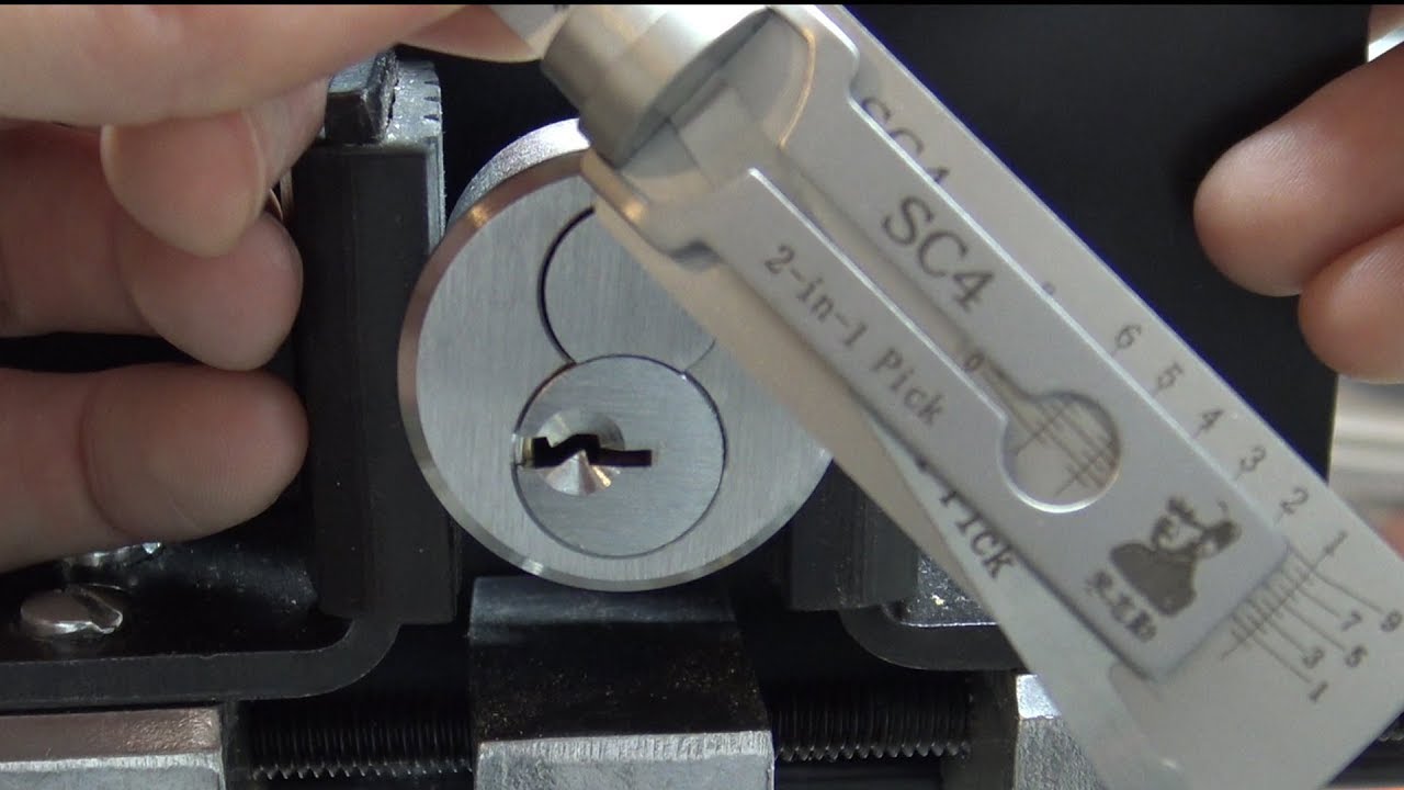 Lishi SC4 Schlage pick positioned at a lock cylinder