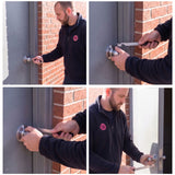Four-step demonstration of a shove-knife slipping the spring latch on a knob-set door in a brick doorway