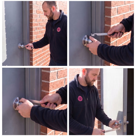 SouthOrd Shove-It shove knife positioned at a door latch