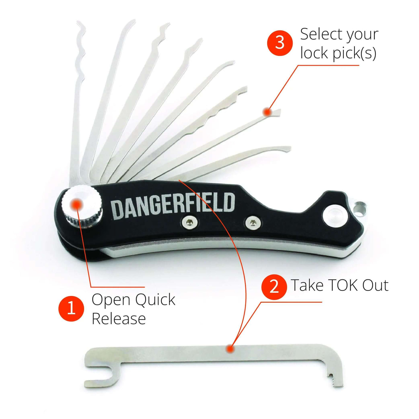 How to use a Dangerfield Skeleton EDC Multi Tool. 8 picks in the tool, they can pivot. Below the black body is the innovative tension wrench