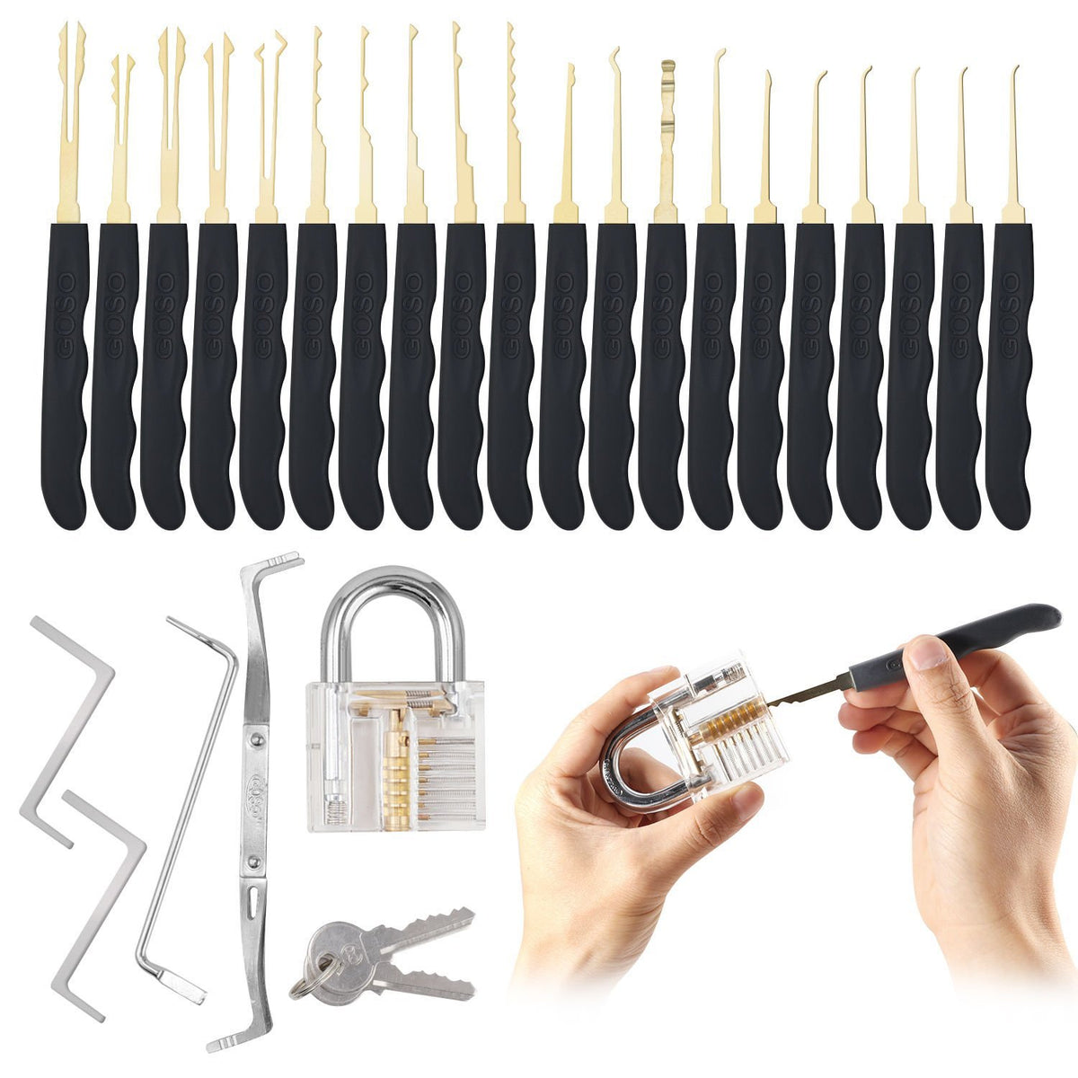 Lockpicking set with 30-piece lockpick bag & 4 practice locks