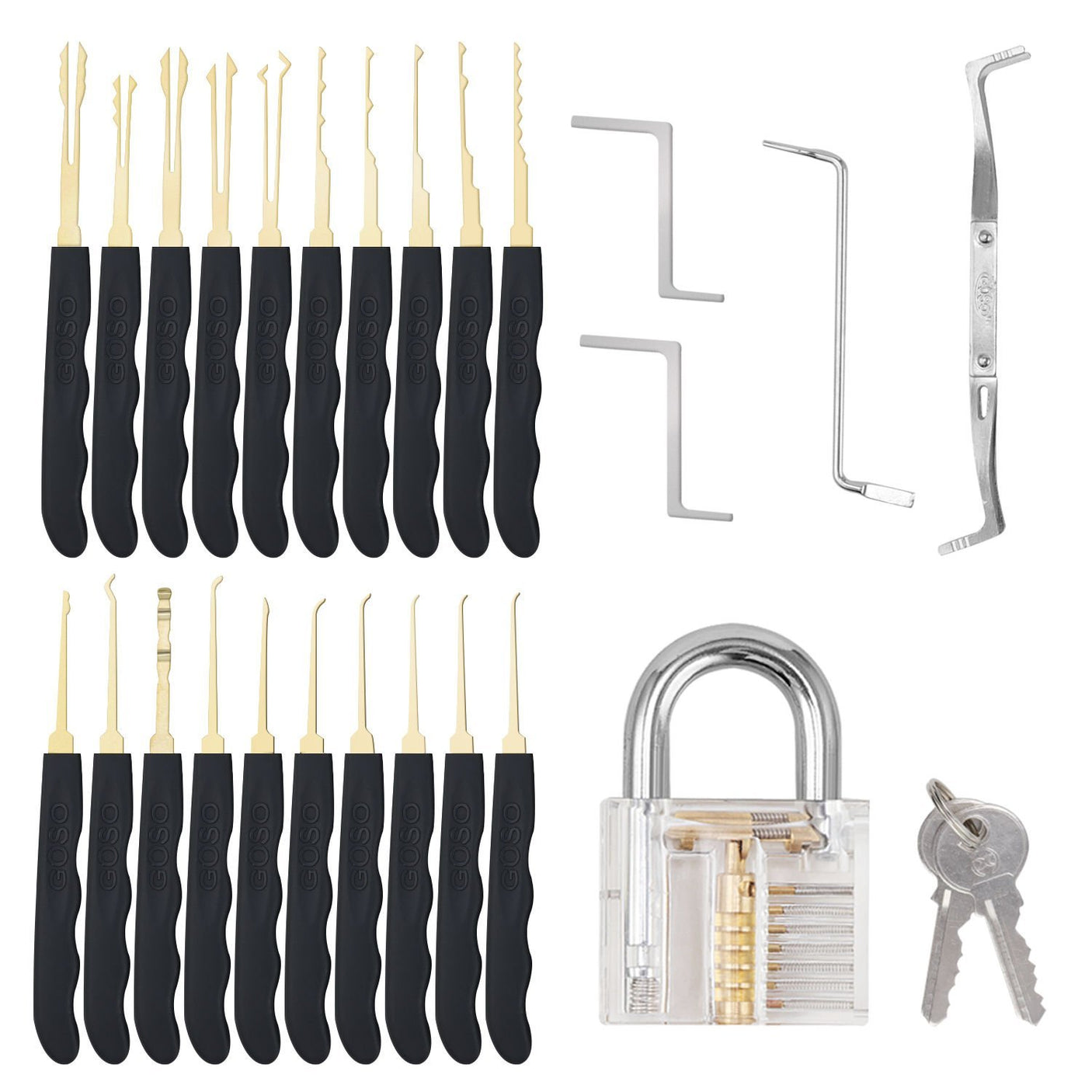 Set of lockpicks arranged neatly with tension wrenches etc. Padlock extra.