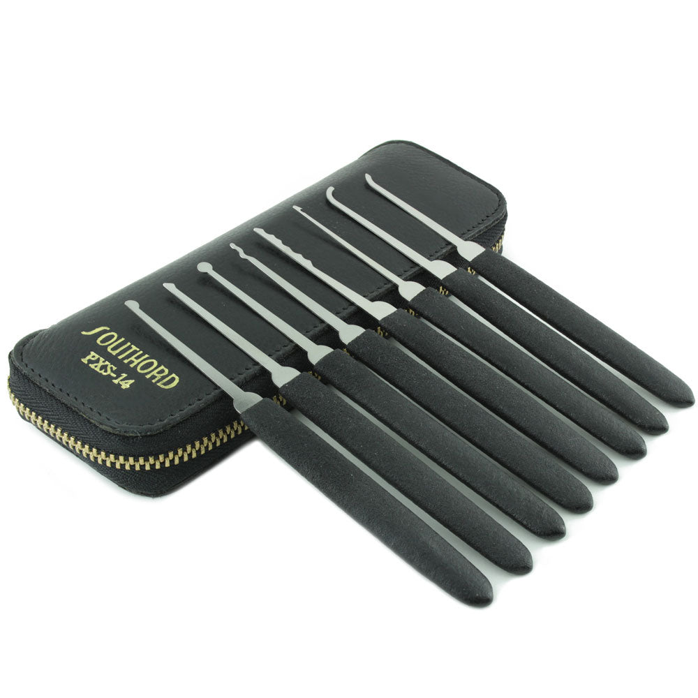 SouthOrd PXS-14 Beginners Lock Pick Set with Black Handles and Leather Wallet sopxs14 angled view 4 handles