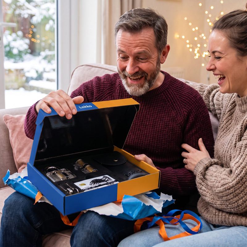 A man opening a Lokko box gift on the sofa as his daughter laughs beside him